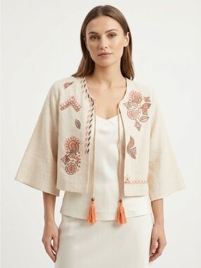Bombay Paisley Cropped Jacket Embroidered Tasseled Cotton Blend Light Coral XS